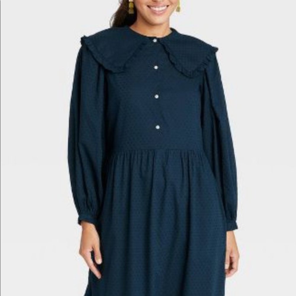 Balloon Long Sleeve Collar Ruffle Hem Navy Midi Dress Universal Thread Size S
